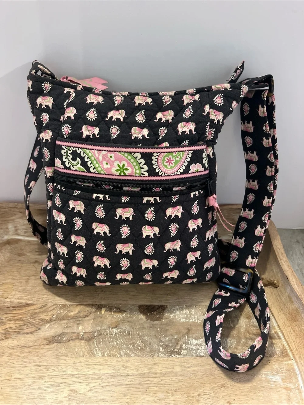 Vera Bradley Black Crossbody with Pink Paisley Elephant Print